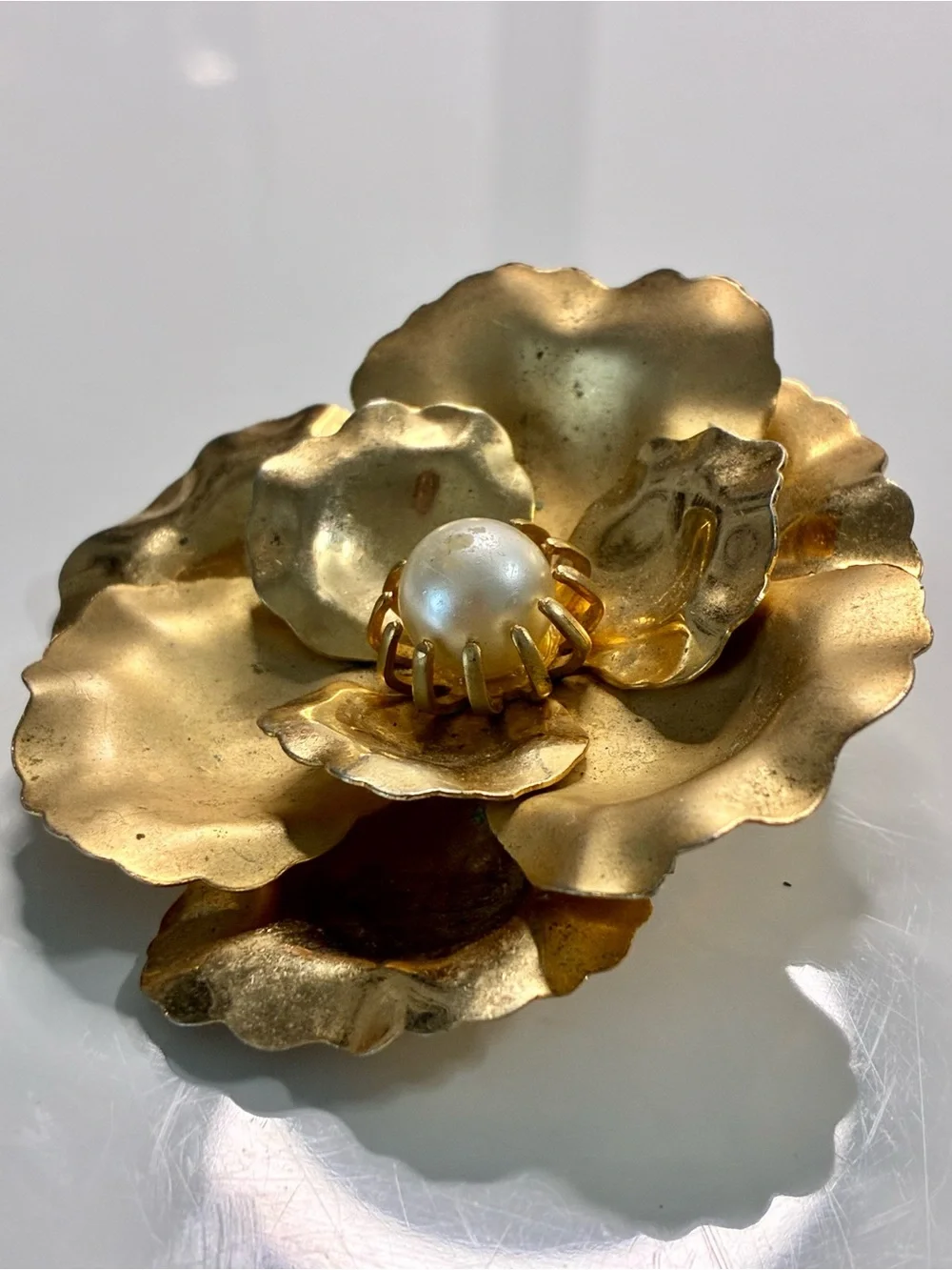 Brushed Gold Flower Brooch with Pearl Center Multi Dimensional Lightweight